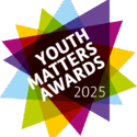 brightly coloured triangle shapes stack on top of each other with 'YOUTH MATTERS AWARDS 2025' in white on top of the stack on a white background