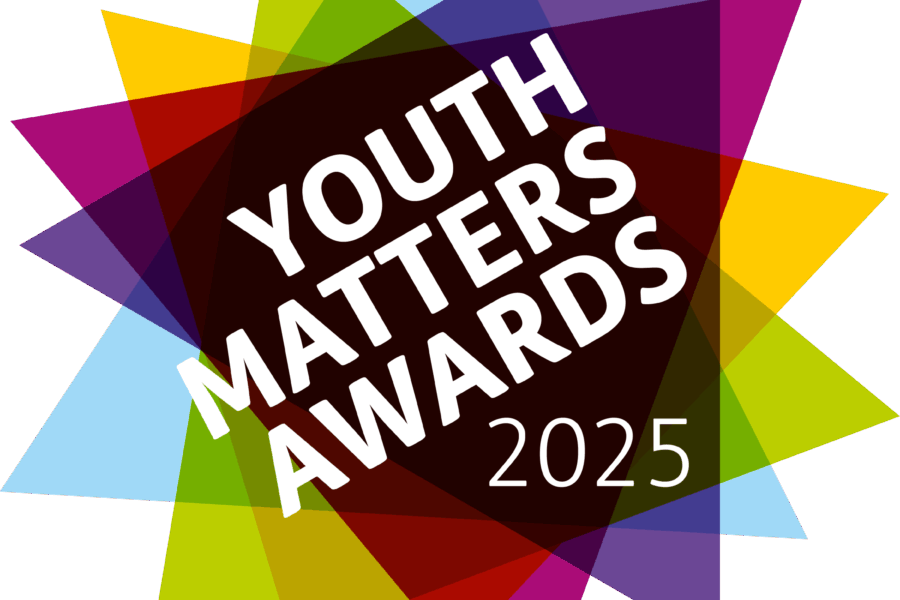 brightly coloured triangle shapes stack on top of each other with 'YOUTH MATTERS AWARDS 2025' in white on top of the stack on a white background