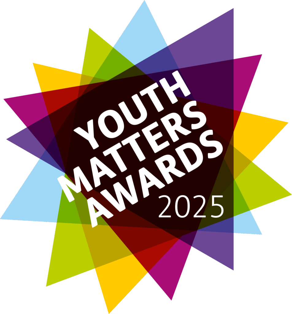 brightly coloured triangle shapes stack on top of each other with 'YOUTH MATTERS AWARDS 2025' in white on top of the stack on a white background